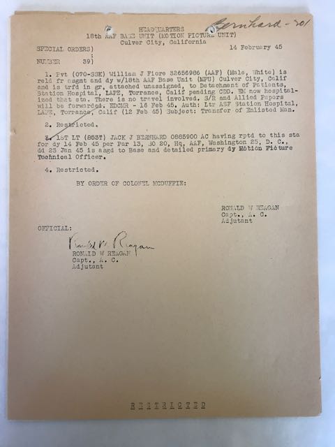 Image for Original WW2 Mimeographed Military Orders signed by Ronald Reagan