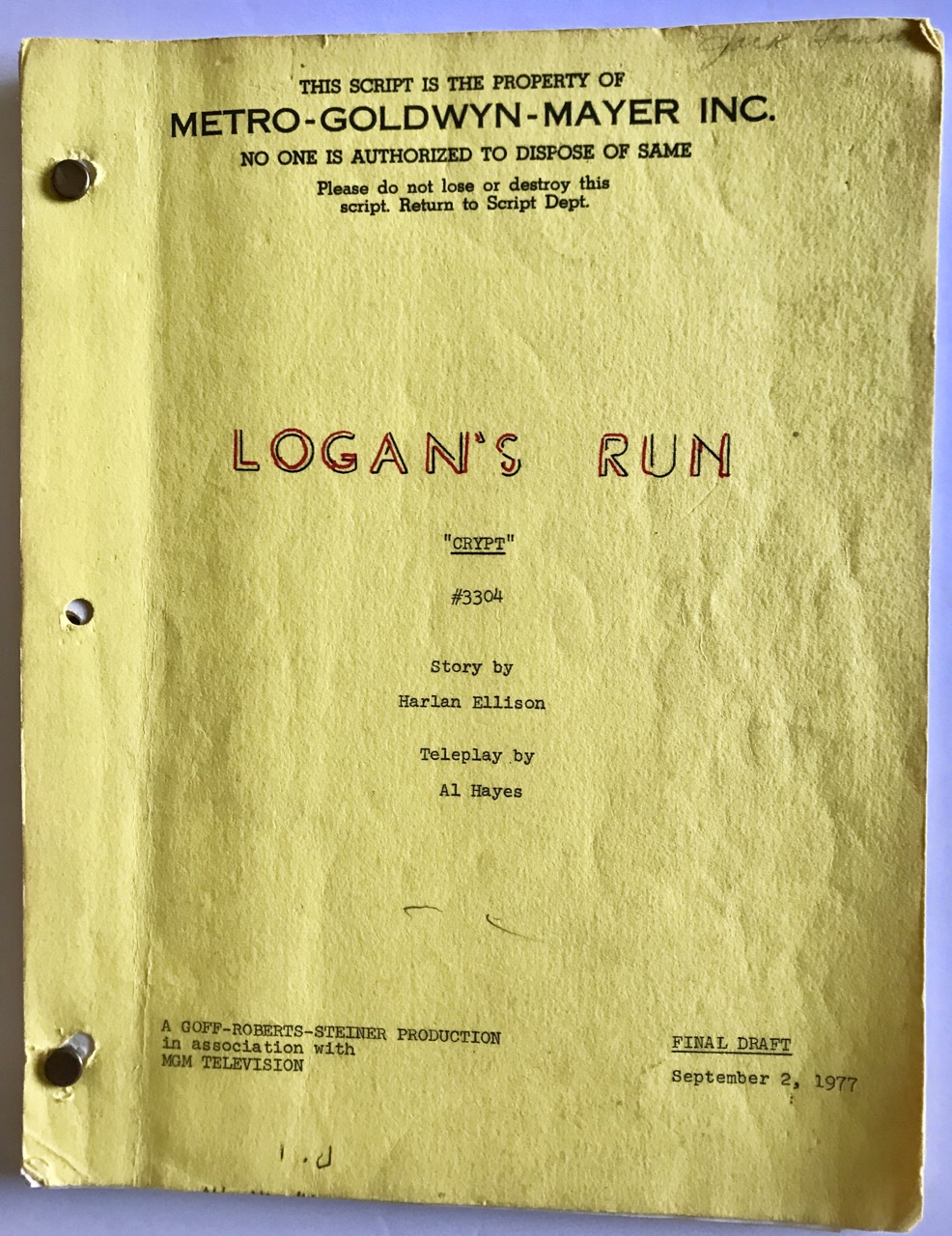 Image for Original Teleplay/ Script for the television series Logan’s Run:  “Crypt” [1977]
With extensive editing annotations by script supervisor Jack Gannon.
