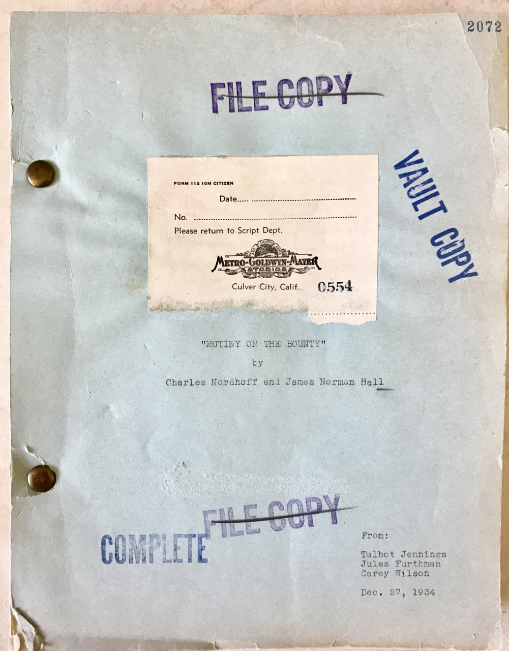 Image for Original screenplay for the Oscar-winning 1935 film “Mutiny on the Bounty”.  