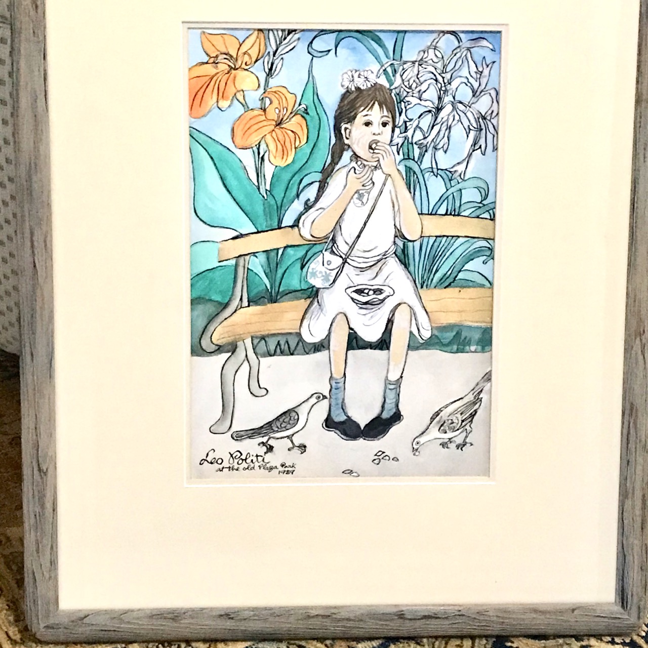 Image for Original painting of a young girl snacking with pigeons, Old Plaza Park, Los Angeles