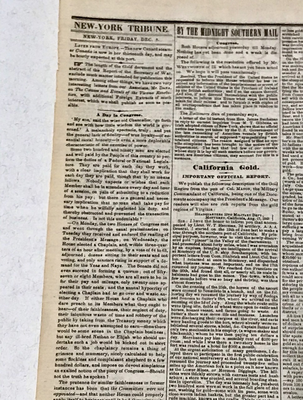 Image for “California Gold. Important Official Report.” In The New York Tribune for December 8, 1848