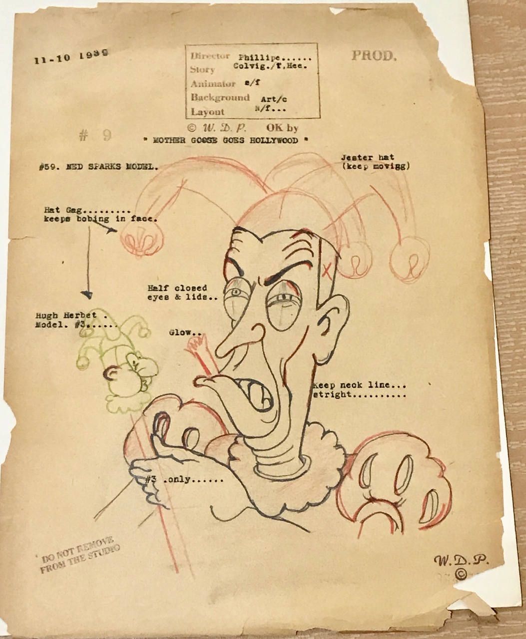 Image for "Mother Goose Goes Hollywood" original model sheet for the animated character Ned Sparks. (Walt Disney Productions, 1939). 