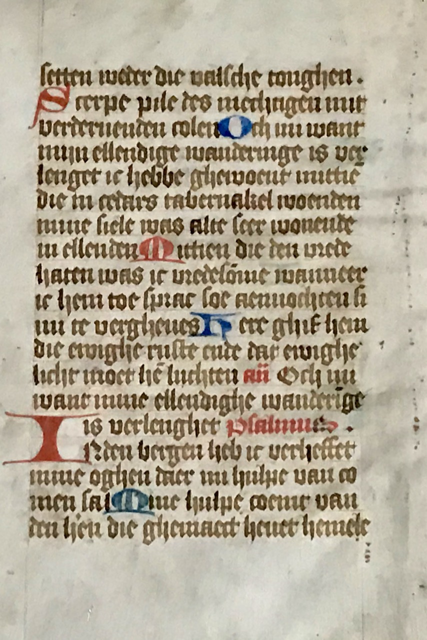 Image for Hand Illuminated leaf from Dutch prayer book [Gebedenboek], 15th century. Approx 4”x5-1/2” mounted and matted in a very sturdy, early 20th century wood frame.  The framer’s typed label on the back states “Netherlandish, 15th century”, but with the date in roman numerals 1538. 