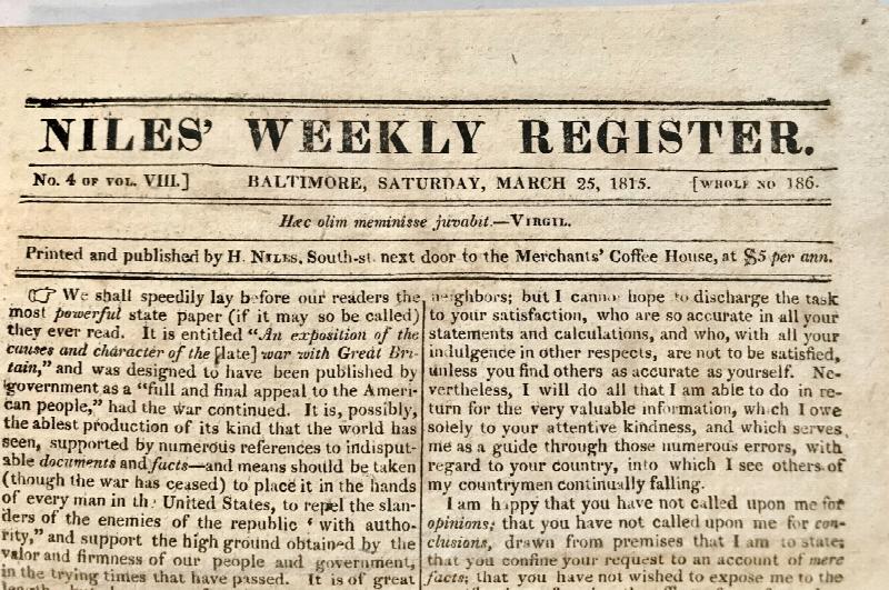 Image for COLLECTION OF 10 ORIGINAL ISSUES OF THE NILES WEEKLY REGISTER, Mar-June 1815.
