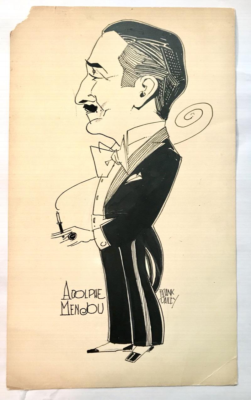 Image for B/w pen and ink caricature of actor Adolphe Menjou. N.d., circa 1920's. 8"x13"