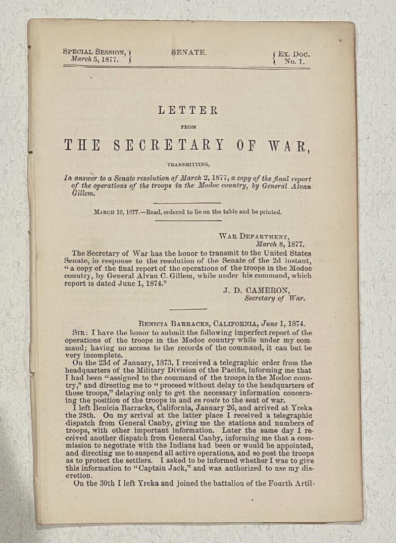Image for Letter from the Secretary of War, transmitting, in answer to a Senate resolution of March 2, 1877, a copy of the final report of the operations of the troops in the Modoc country, by General Alvan Gillem (1877)