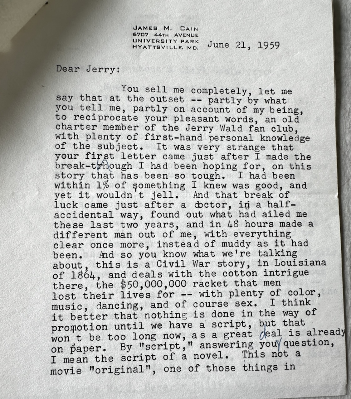 Typed Letter Signed [TLS] from James M. Cain to producer/director Jerry Wald Superb content.concerning Cain's novel/screenplay Mignon, with related correspondence. 5 items.